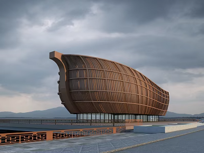 Unique Museum Building With Curved Wooden Exterior Design Against Mountain And Cloudy Sky Background 3d model