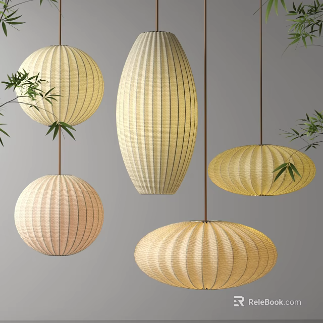 Light Colored Woven Pendant Lights with Bamboo Leaves and Various Shapes for Interior Decor 3d model 