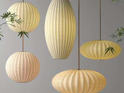Light Colored Woven Pendant Lights with Bamboo Leaves and Various Shapes for Interior Decor 3d model