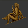 Golden Winged Female Mythical Sculpture Playing Harp Artwork