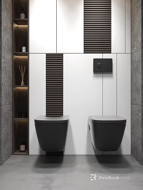 Modern Bathroom With Black Wall Mounted Toilets And White Sleek Ceramic Walls 3d model 