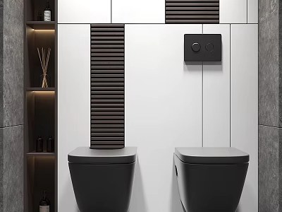 Modern Bathroom With Black Wall Mounted Toilets And White Sleek Ceramic Walls 3d model
