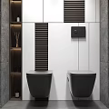 Modern Bathroom With Black Wall Mounted Toilets And White Sleek Ceramic Walls