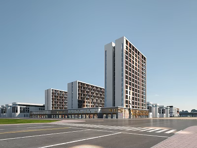 Modern High Rise Residential Complex With Open Road And Green Lawn Front 3d model