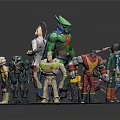 Diverse Superhero Character Action Figures with Unique Designs on Circular Display Platform