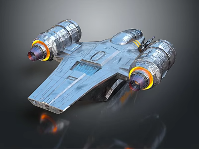 Sci-Fi Spaceship With Silver Metallic Body Dual Glowing Engines And Orange Blue Lights 3d model
