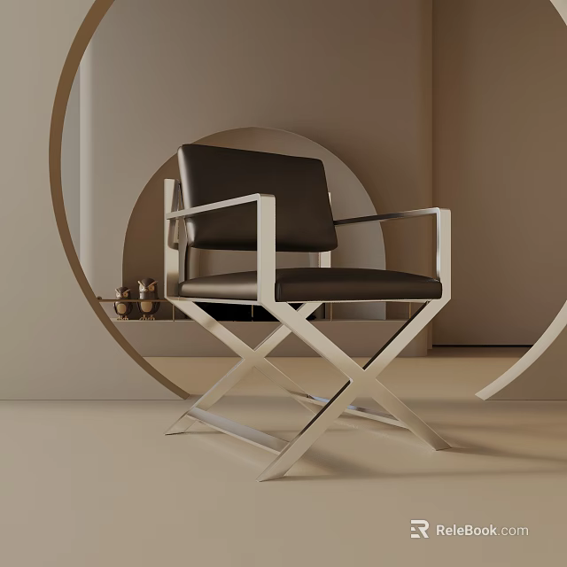 Modern Accent Chair With Black Leather Seat Backrest Silver Metal Cross Base Circular Decor 3d model 
