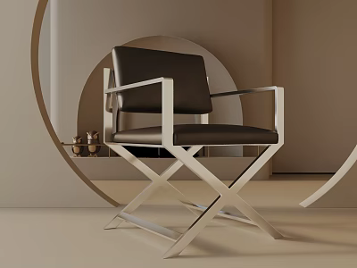 Modern Accent Chair With Black Leather Seat Backrest Silver Metal Cross Base Circular Decor 3d model