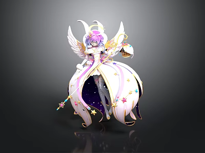 Magical Children Fairy Character with Purple Hair White Wings Star Moon Outfit and Magic Wand 3d model