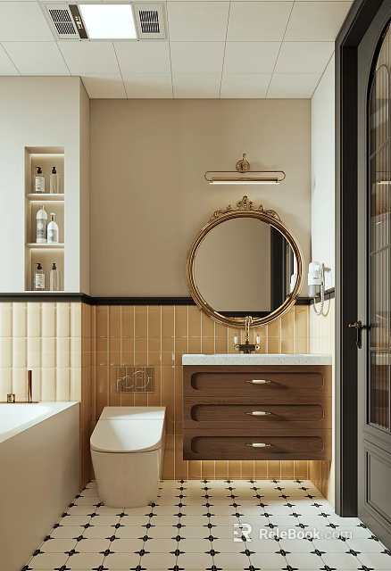 Elegant Bathroom Interior With Round Gold Mirror Beige Tile Walls Vanity And Light Fixture 3d model 