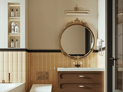 Elegant Bathroom Interior With Round Gold Mirror Beige Tile Walls Vanity And Light Fixture 3d model