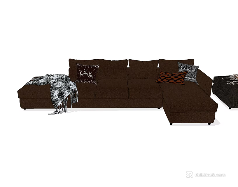 Brown Sectional Sofa with Decorative Pillows and Throw Blanket on Armrest with Side Table 3d model