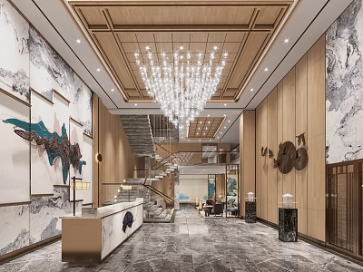Spacious Elegant Hotel Lobby With Wooden Ceiling Crystal Chandelier Marble Floor And Reception Desk 3d model