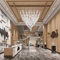 Spacious Elegant Hotel Lobby With Wooden Ceiling Crystal Chandelier Marble Floor And Reception Desk