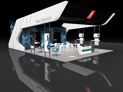 Modern Exhibition Booth Design With White Black Structure Display Areas Seating And Digital Screens 3d model