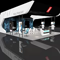 Modern Exhibition Booth Design With White Black Structure Display Areas Seating And Digital Screens
