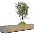 Modern Outdoor Bench With Wooden Slats And Concrete Base Featuring Green Plants And Tree