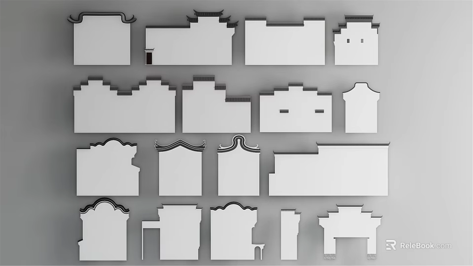Various Traditional Building Exterior Wall Styles with Ornate Roof Details 3d model 