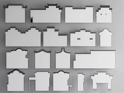 Various Traditional Building Exterior Wall Styles with Ornate Roof Details 3d model