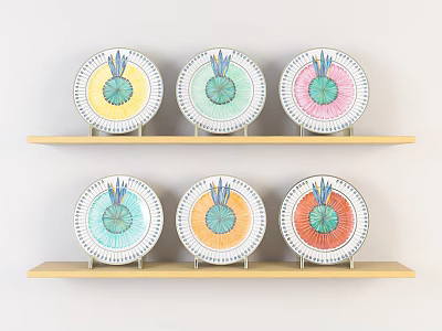 Colorful Decorative Plates With Fruit Slice Patterns Arranged On Wooden Shelves And Blue Edges 3d model
