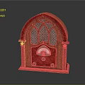 Vintage Headphone Speaker Featuring Red Wooden Case Arched Top Mesh Panel Dial And Green Buttons