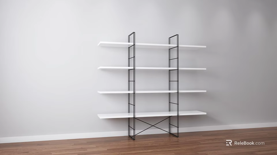 Modern Shelving Unit with White Shelves Black Metal Frame Against White Wall and Wooden Floor 3d model 