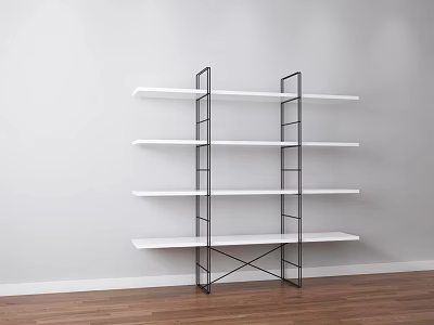 Modern Shelving Unit with White Shelves Black Metal Frame Against White Wall and Wooden Floor 3d model