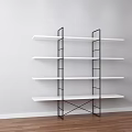 Modern Shelving Unit with White Shelves Black Metal Frame Against White Wall and Wooden Floor