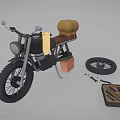 Vintage Motorcycle Being Repaired With Detached Wheel Tools And Brown Seat Bag