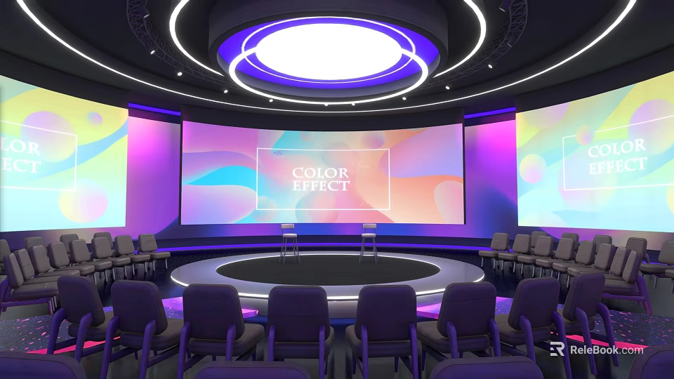 Modern Conference Hall With Large Screen Color Palette Purple Pink Lighting Round Stage And Chairs 3d model 