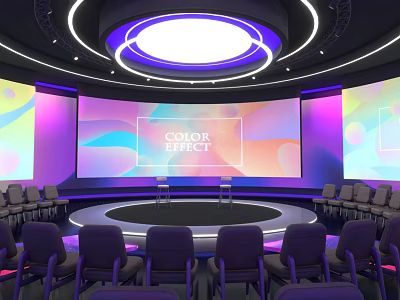 Modern Conference Hall With Large Screen Color Palette Purple Pink Lighting Round Stage And Chairs 3d model