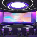 Modern Conference Hall With Large Screen Color Palette Purple Pink Lighting Round Stage And Chairs