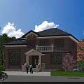 Detached Villa with Brown Exterior Black Roof Green Trees and Car at Entrance