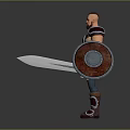 3D Warrior With Red White Armor Blue Pants Brown Boots Belt Holding Sword Shield