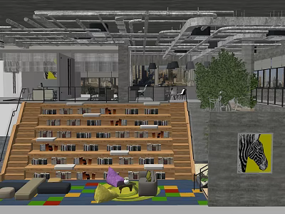 Cozy Lounge Area Interior With Wooden Step Seating Bookshelves Colorful Carpet And Zebra Artwork 3d model