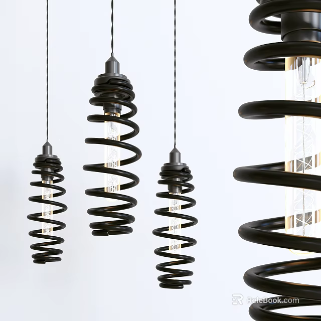 Modern Black Spiral Chandelier Design With Exposed Bulbs For Interior Decor 3d model 