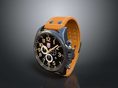 Stylish Modern Watch with Orange Leather Strap Black Dial and Metal Case Design 3d model