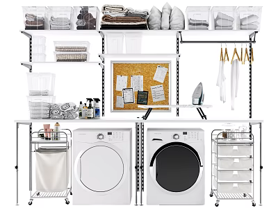 Organized Laundry Area With Washing Machines Storage Bins And Ironing Board 3d model
