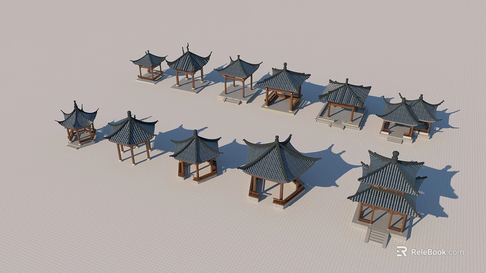 Chinese Traditional Pavilion Models With Various Styles Tiled Roofs And Wooden Frames 3d model 