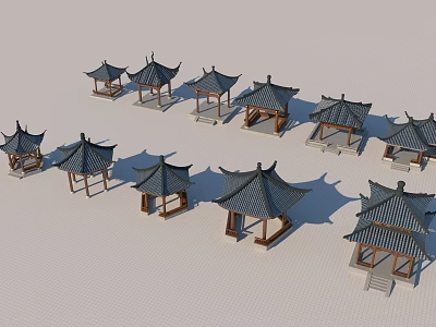 Chinese Traditional Pavilion Models With Various Styles Tiled Roofs And Wooden Frames 3d model