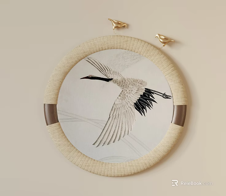 Abstract Painting with Circular Woven Frame Golden Bird Decorations and Flying Crane 3d model 