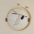 Abstract Painting with Circular Woven Frame Golden Bird Decorations and Flying Crane