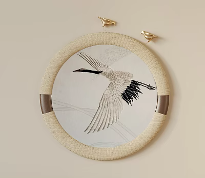 Abstract Painting with Circular Woven Frame Golden Bird Decorations and Flying Crane 3d model