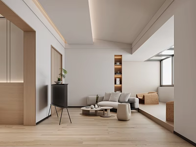 Modern Living Room Interior With Wooden Flooring White Walls Minimalist Sofa Coffee Table Potted Plant 3d model