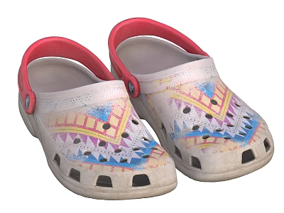 Colorful Clog Shoes With Geometric Patterns Red Straps White Toe Boxes And Breathable Holes Design 3d model