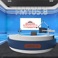 Modern Radio Studio With FM1058 Logo Blue Background Desk Cameras Green Plant And LED Lights