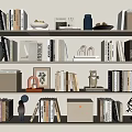 Bookshelf with Various Books and Decorative Items Like Globe Sculpture and Photo Frame