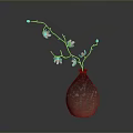 Carved Vase Sculpture With Textured Brown Surface And Pink Flower Branches On Dark Background