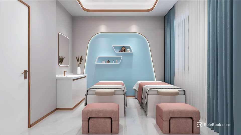 SPA Sauna Room Interior With Light Blue Curved Walls Open Shelves White Vanity Pink Stools 3d model 