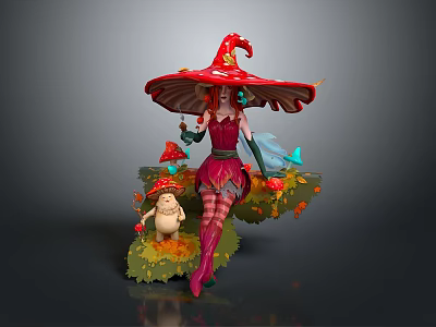Fantasy Female Game Character With Red Mushroom Hat Pink Dress And Gnome Companion 3d model
